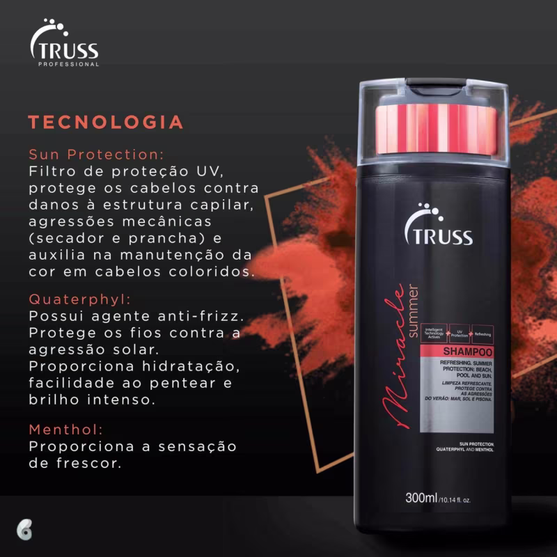 A imagem mostra um anúncio da linha Truss Professional com o shampoo "Summer Protection" em frasco preto com detalhes vermelhos. Destaca tecnologias como Sun Protection para UV, Quaterpahyl anti-frizz e Menthol refrescante.
