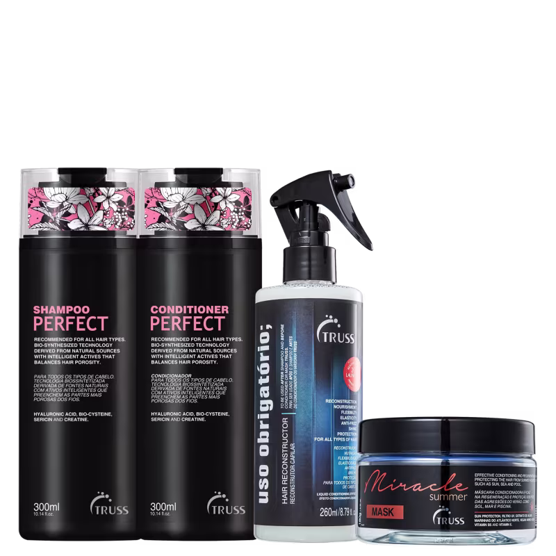 A imagem mostra quatro produtos capilares da Truss: shampoo e condicionador "Perfect", um reconstrutor capilar "Uso Obrigatório" e uma máscara "Miracle Summer". Os produtos têm design moderno com detalhes florais em rosa e preto.