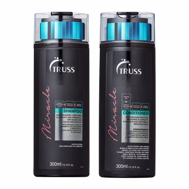 A imagem mostra dois produtos de cuidados capilares da marca Truss: um shampoo e um condicionador da linha Miracle. Ambos os frascos têm 300ml de capacidade e possuem uma tecnologia exclusiva chamada "Glow System".