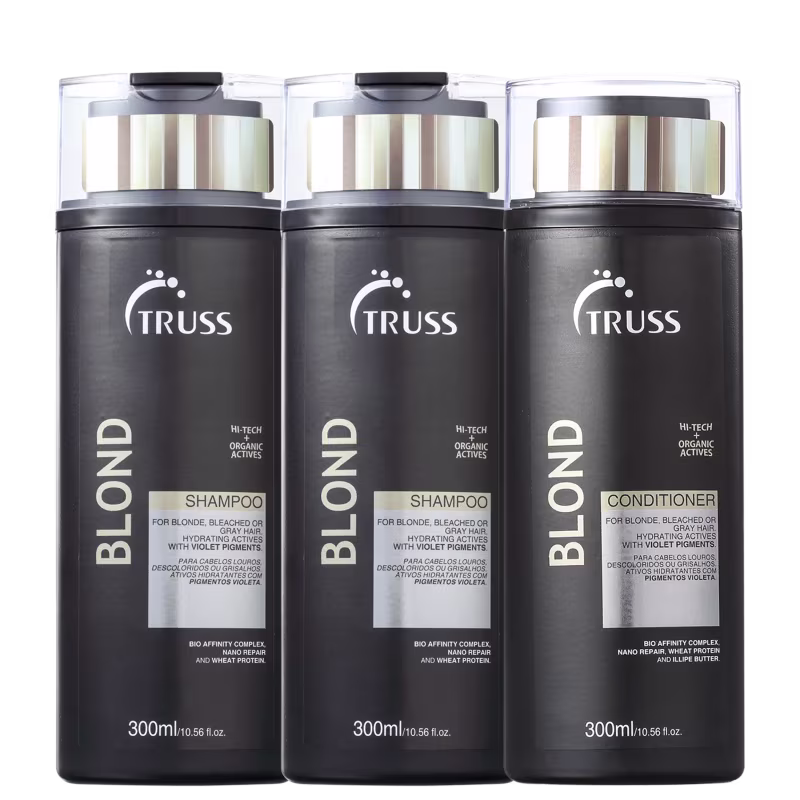 A imagem mostra três produtos para cabelos louros, descoloridos ou grisalhos da marca Truss. Dois deles são shampoos e um deles é um condicionador, todos com embalagens pretas e detalhes em prata metálico.