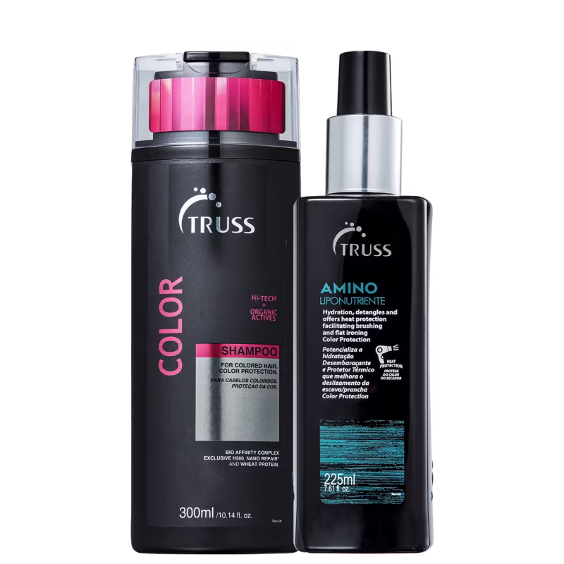 Na imagem há um shampoo de 300ml da linha Color. Ele têm um design preto com detalhes em rosa. Ao lado há um leave-in de 225ml que hidrata, desembaraça, protege a cor e facilita o alisamento dos cabelos.