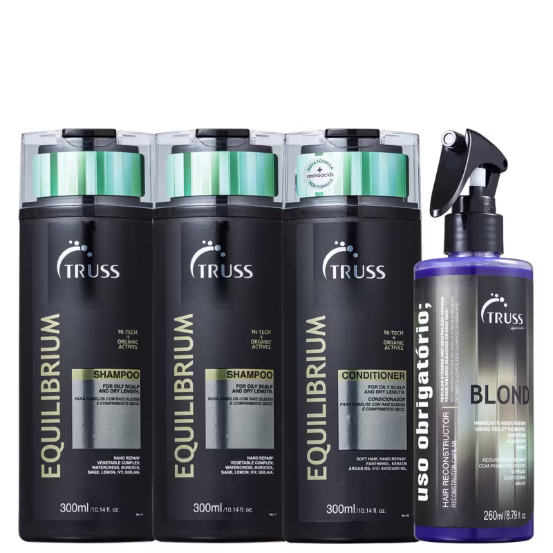 A imagem mostra produtos da Truss: São dois shampoos e um condicionador Equilibrium e um reconstrutor "Uso Obrigatório Blond".