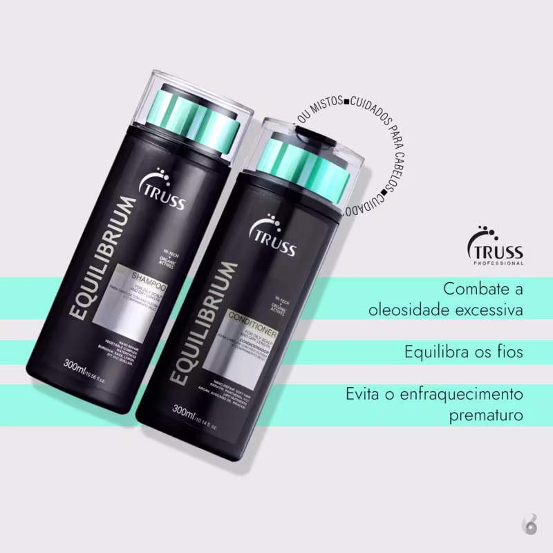 A imagem mostra dois produtos da linha Equilibrium da Truss Professional: shampoo e condicionador para cabelos oleosos. Combatem a oleosidade excessiva, equilibram os fios e evitam o enfraquecimento prematuro. Frascos pretos com detalhes em verde-água.