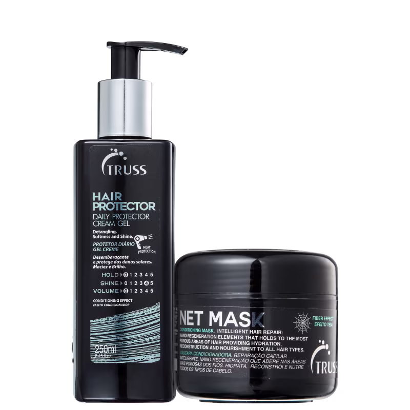A imagem mostra dois produtos de cuidados capilares da marca Truss. O primeiro é o  "Hair Protector". O segundo produto é uma máscara capilar chamada "Net Mask".