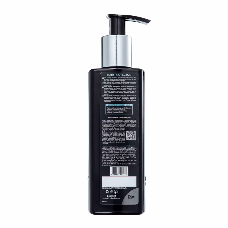 A imagem mostra um frasco preto com uma bomba dosadora. É um produto para cabelos chamado "Hair Protector". O rótulo na parte frontal do frasco contém informações em português, como a descrição do produto, ingredientes e dados do fabricante.