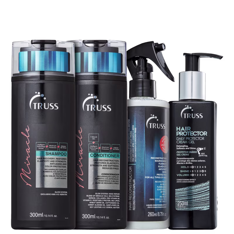 A imagem mostra uma linha de produtos para cabelos da marca Truss. São eles:
- Shampoo Miracle
- Condicionador Miracle
- Reconstrutor Capilar Uso Obrigatório
- Leave-in Hair Protector