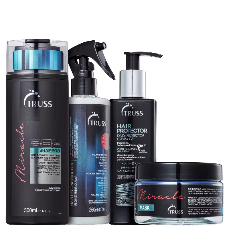 A imagem mostra uma linha de produtos para cabelos da marca Truss. São eles:
- Shampoo Miracle
- Máscara Capilar Miracle
- Reconstrutor Capilar Uso Obrigatório
- Leave-in Hair Protector