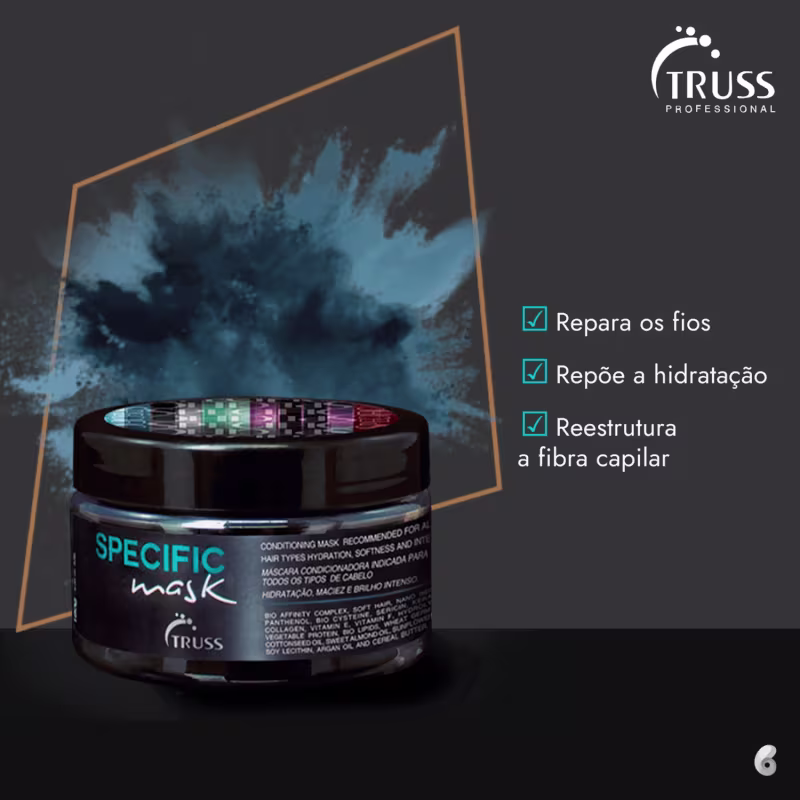 A imagem mostra um produto de cuidados capilares da marca Truss: a máscara de tratamento capilar "Specific Mask". A imagem destaca três benefícios dessa máscara: reparar os fios, repor a hidratação e reestruturar a fibra capilar.