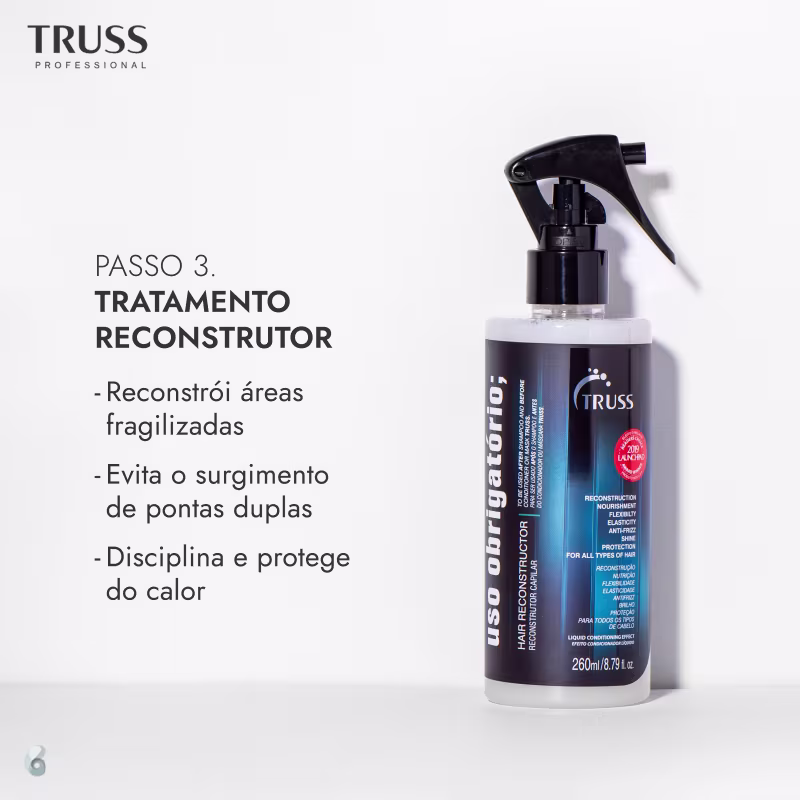 A imagem mostra um produto da linha profissional da marca Truss. É um tratamento reconstrutor capilar chamado "Uso Obrigatório". De acordo com as informações, as suas funções são:

- Reconstrói 
- Evita pontas duplas
- Disciplina e protege