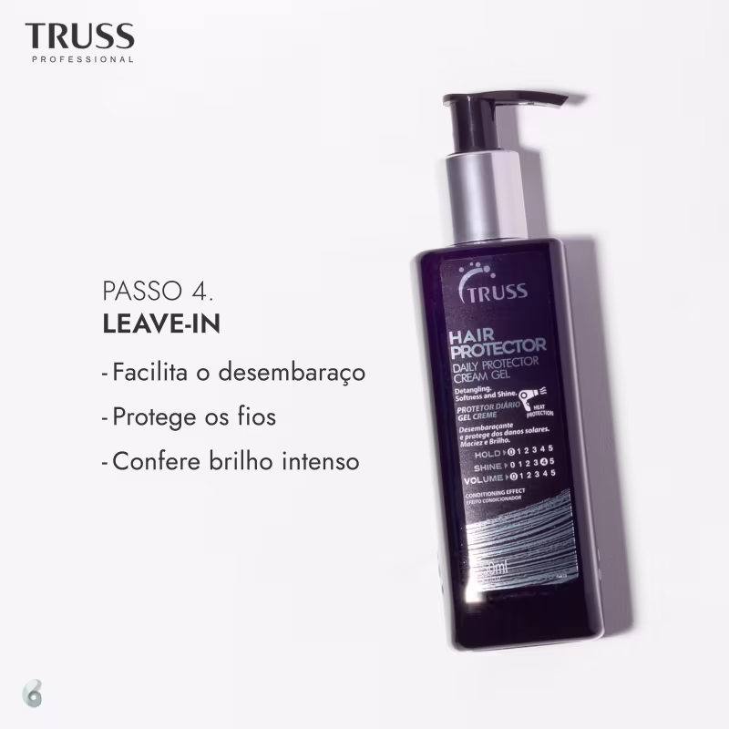 A imagem mostra o Leave-in "Hair Protector Daily Protector Cream Gel" da TRUSS, embalagem preta com dosador pump. Traz o seguinte texto ao lado: facilita o desembaraço, protege os fios e confere brilho intenso.