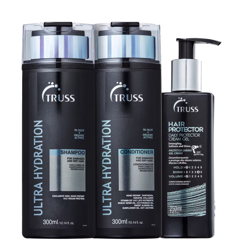 A imagem mostra Shampoo e Condicionador Ultra Hydration 300ml e o leave-in Hair Protector 250ml, da marca TRUSS. Os frascos são pretos com detalhes em azul e prata.