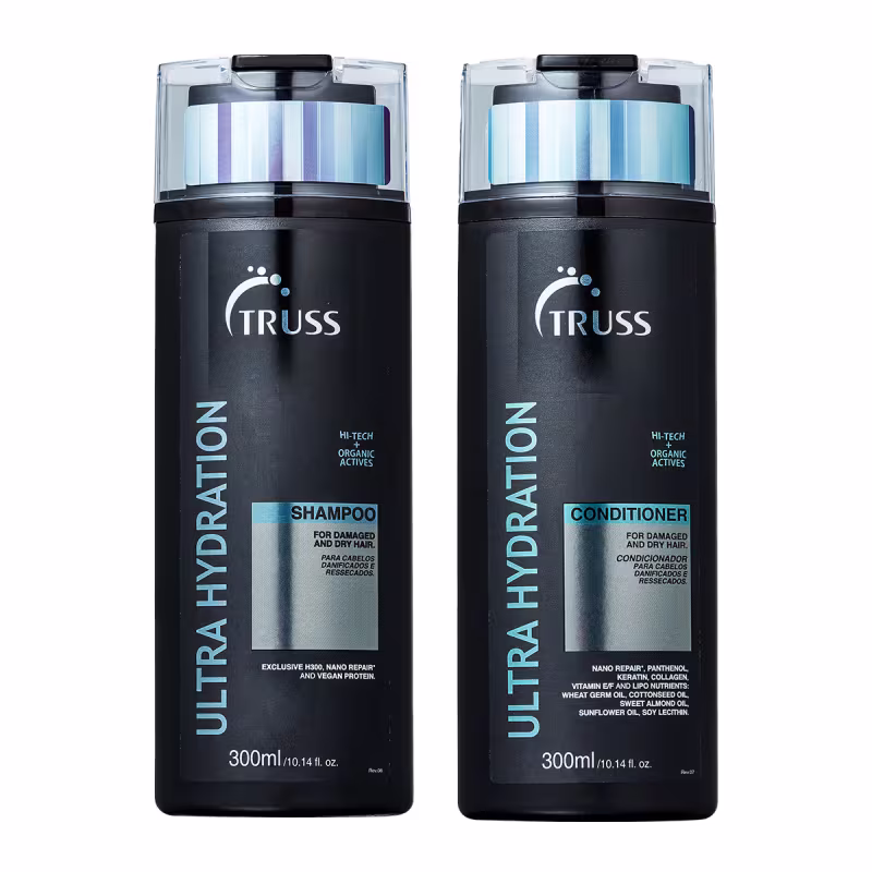 A imagem mostra shampoo e condicionador Ultra Hydration da marca TRUSS em frascos plásticos pretos de 300ml, com detalhes em azul e prata.
