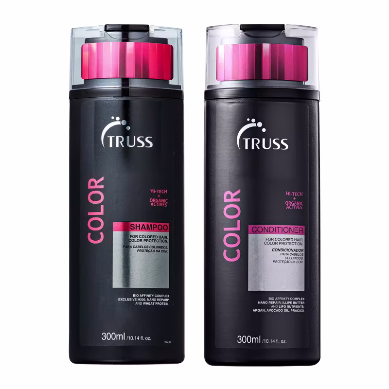 A imagem mostra shampoo e condicionador TRUSS Color de 300ml cada, em embalagens pretas e detalhes em rosa. Rótulos com o nome "Color" em letras grandes rosa e descrições sobre proteção e nutrição para cabelos coloridos.