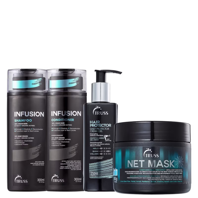 A imagem mostra uma linha de produtos para cabelos da marca TRUSS: shampoo e condicionador "Infusion" de 300ml cada, leave-in "Hair Protector" de 250ml, e máscara capilar "Net Mask" de 550g. Todos com embalagem preta e detalhes em prata, cinza e azul,