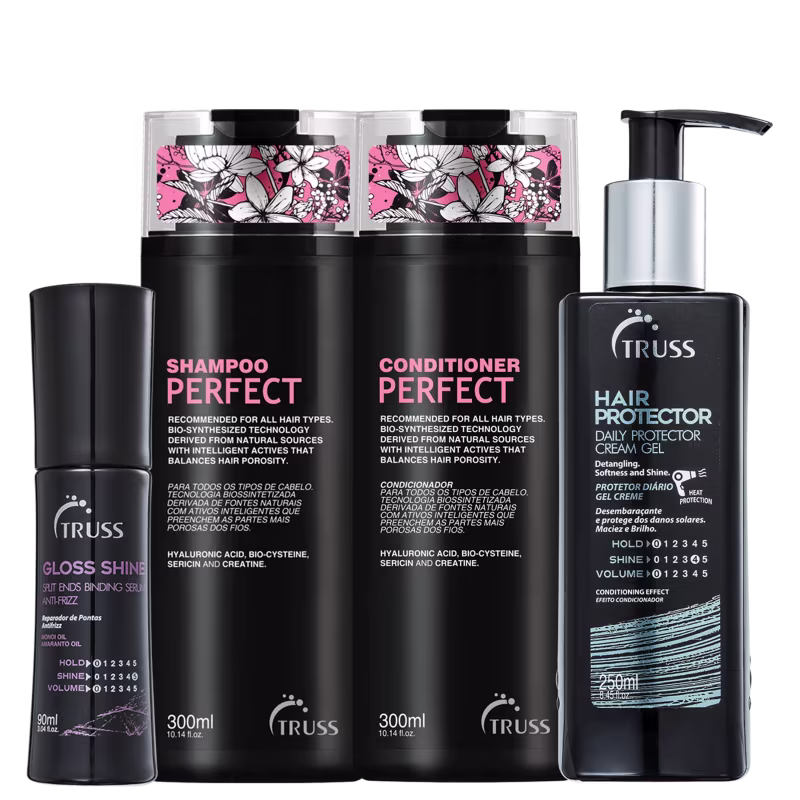 A imagem mostra produtos para cabelo da marca TRUSS: shampoo e condicionador "Perfect", de 300ml. Ao lado, há o leave-in "Hair Protector" de 250ml e o sérum Gloss Shine de 90ml. Todos possuem embalagem na cor preta,
