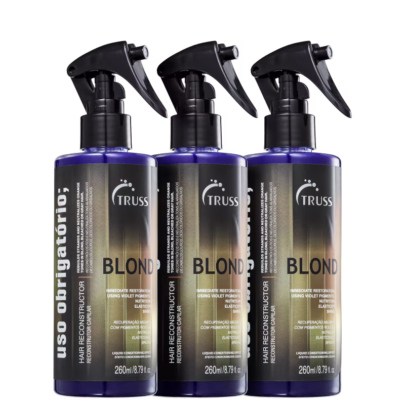 A imagem mostra 3 embalagens do Uso Obrigatório Blond dispostos lado a lado. O frasco é em spray 260ml com tampa preta e rótulo dourado com letras brancas.