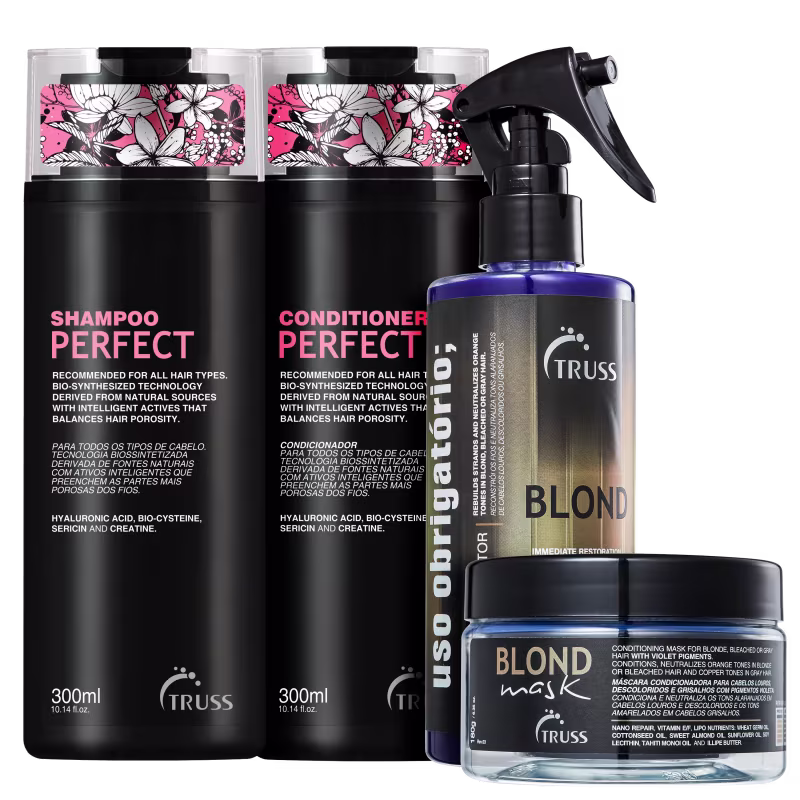 A imagem mostra 4 produtos TRUSS lado a lado. Temos o shampoo e condicionador Perfect, com embalagem preta e letas em rosa e branco; a a Blond Mask e o Uso Obrigatório Blond em uma embalagem com detalhes em preto, azul e dourado com letras brancas.