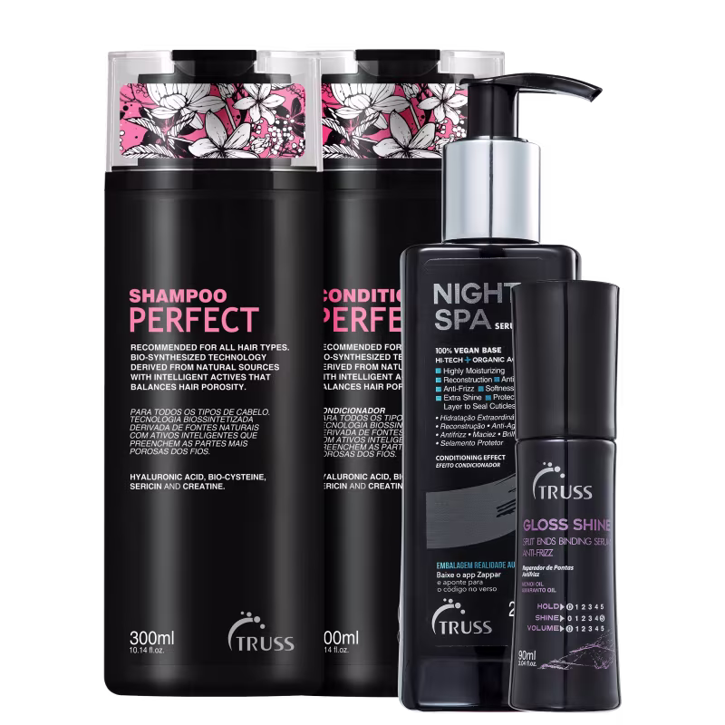 A imagem mostra 4 produtos TRUSS lado a lado. Temos o shampoo e condicionador Perfect, com embalagem preta e letras em rosa e branco; e Night Spa de embalagem pump preta com letras brancas e detalhes azuis, e Gloss Shine de frasco preto com letras lilás.
