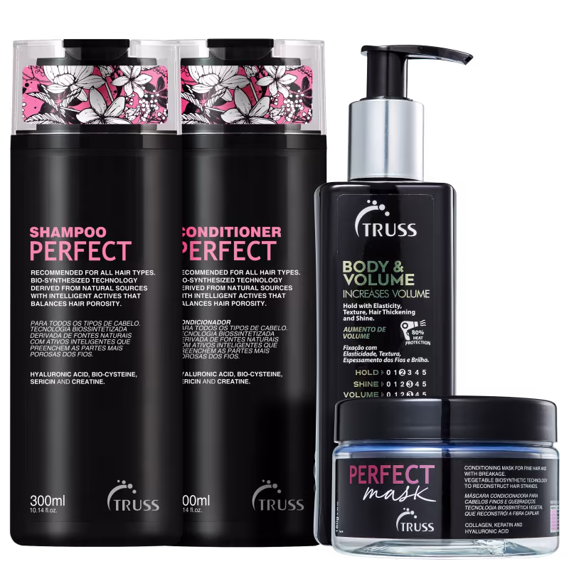 A imagem mostra 4 produtos TRUSS lado a lado. Temos o shampoo, o condicionador e a máscara Perfect, com embalagem preta e letras em rosa e branco; e o Body & Volume com embalagem pump preta e letras douradas e brancas.