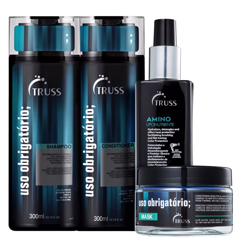 A imagem mostra shampoo, condicionador e máscara da linha Uso Obrigatório, mais o protetor térmico Amino. Todos os produtos estão lado a lado e possuem embalagem preta, com rótulo em detalhes azuis e letras brancas.
