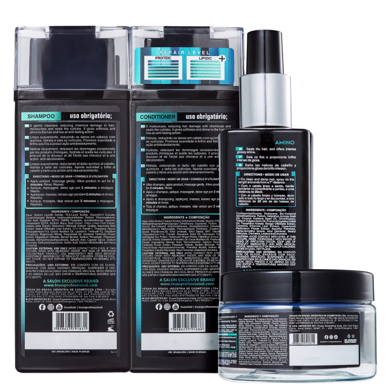 A imagem mostra a parte de trás dos produtos do kit, contendo modo de uso, ingredientes e outras informações em letras miúdas.