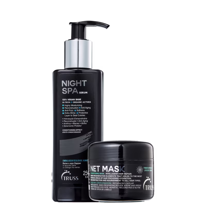 A imagem mostra o sérum Night Spa e a Net Mask de 30g, um ao lado do outro. Ambos possuem embalagem preta com rótulo em letras brancas e detalhes azuis.