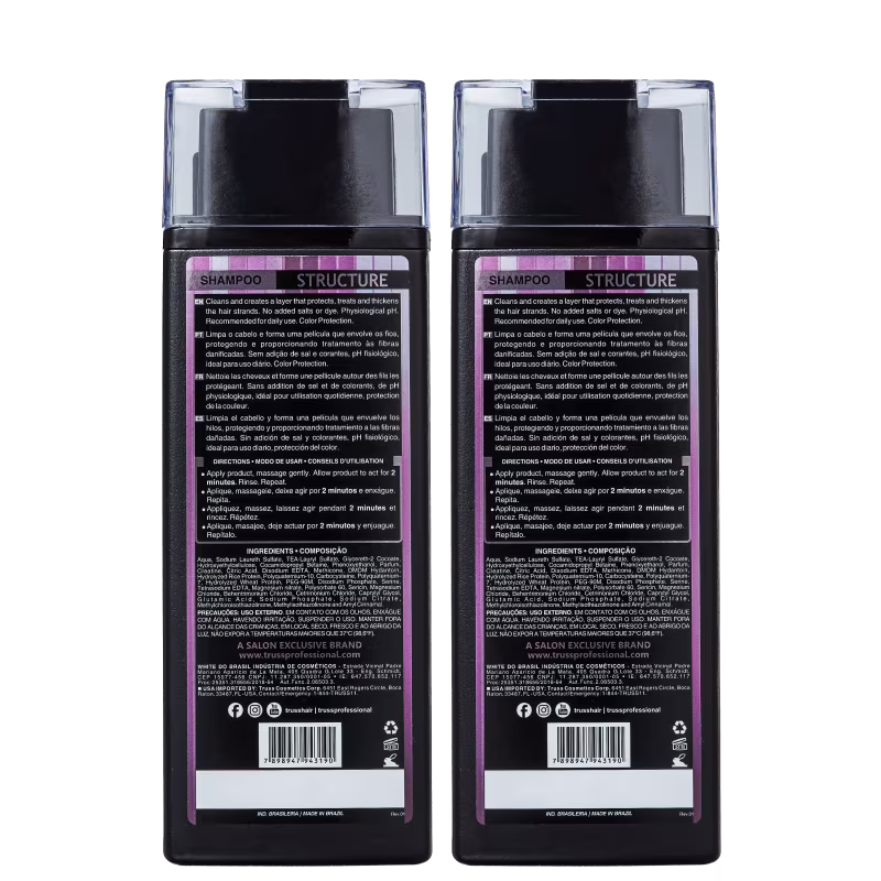 A imagem traz o verso dos dois produtos e os rótulos que detalham melhor as informações das fórmulas como o modo de uso, ingredientes e precauções.