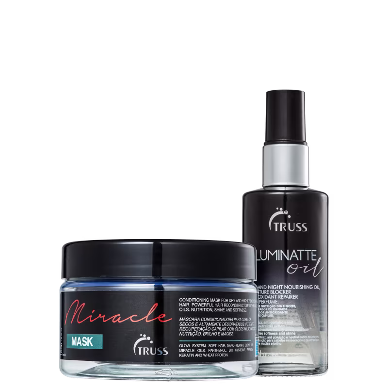 A imagem mostra a máscara capilar "Miracle" que vem em um pote preto com detalhes em azul e a linha em destaque no tom vermelho. O segundo produto é um óleo capilar que vem em um frasco spray preto degradê.
