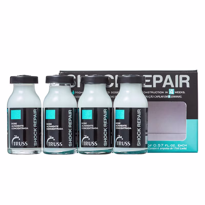 A imagem mostra um kit que contém 4 ampolas de vidro com um líquido concentrado. As ampolas estão posicionadas a frente de caixa preta com detalhes em azul.