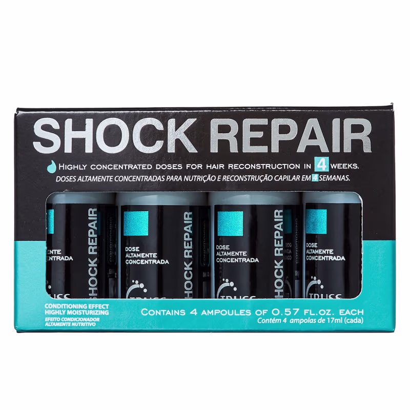 A imagem mostra o kit de ampolas capilares. O design da embalagem é predominantemente preto, com detalhes em azul turquesa, exibindo o nome "Shock Repair" em letras grandes e brancas.