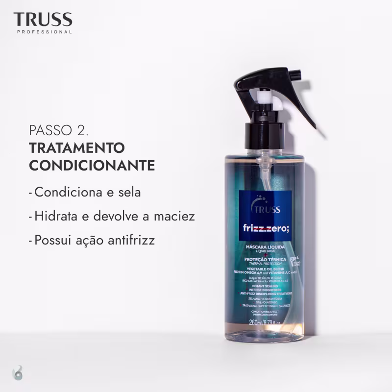 A imagem mostra um tratamento condicionante chamado "frizz-zero", que vem em uma embalagem plástica transparente com um líquido azul esverdeado. Ao lado do produto estão destacada alguns benefícios doa fórmula como hidratação e maciez.
