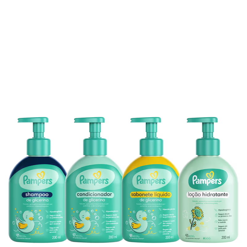 A imagem traz shampoo, condicionador, sabonete líquido e loção hidratante da Pampers. Todos dispostos lado a lado em fileira em embalagens de cor verde clara com ilustrações infantis de flor e pato.