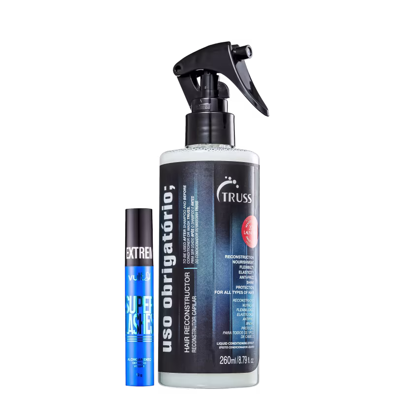Dois produtos lado a lado, um de reconstrução capilar, em embalagem plástica transparente e adesivo em azul, borrifador preto. No outro, uma máscara de cílios em embalagem cilíndrica azul, com tampa preta. Escritos nas cores azul metálico e branco.