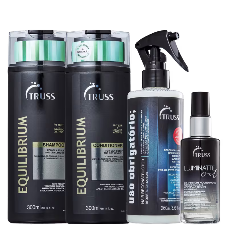 A imagem traz shampoo e condicionador Equilibrium 300ml em embalagem preta com detalhes dourados, Uso Obrigatório em embalagem spray de 260ml preta com detalhes azuis e óleo capilar 60ml, com embalagem spray base transparente e parte superior preta.