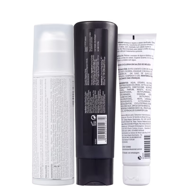São três produtos de cuidados capilares da marca Sebastian Professional. 
Os frascos exibem rótulos com informações detalhadas sobre os ingredientes, instruções de uso e avisos em português.