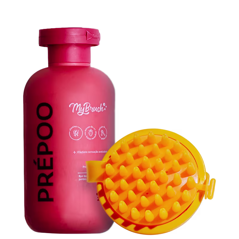 A imagem traz o pré-poo em embalagem vermelha de 200ml e escova para couro cabeludo amarela.