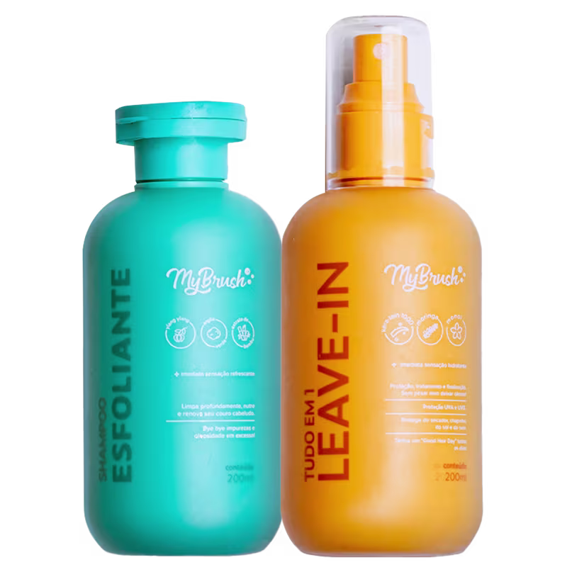 A imagem traz shampoo esfoliante em embalagem verde de 200ml e o leave-in em embalagem spray amarela de 200ml.