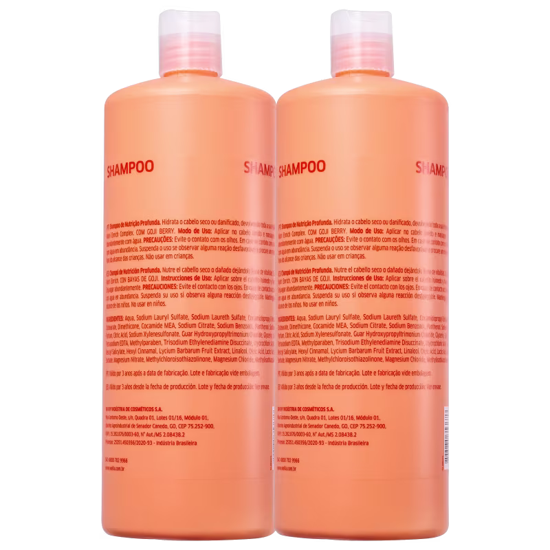 Dois frascos de shampoo Wella Professionals Nutri-Enrich de 1 litro cada. As embalagens têm a parte superior branca e o rótulo laranja com o logotipo e nome da marca Wella Professionals em vermelho.