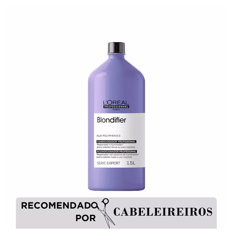 Produto de cuidado capilar L'Oréal Professionnel Blondifier da linha Serie Expert. Frasco plástico roxo opaco de 1,5 litros com tampa preta.