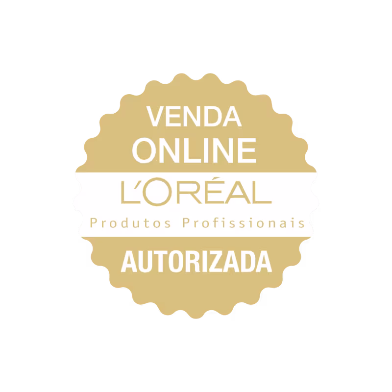 É um selo ou emblema da marca L'Oréal Professionnel, produtos profissionais de beleza. O formato é circular com bordas onduladas. O fundo é preto, com texto em branco e dourado.