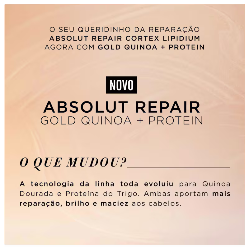 A imagem apresenta uma nova linha de produtos de reparação capilar da L'Oréal Professionnel chamada Absolut Repair Gold Quinoa + Protein. O texto em português e inglês anuncia que esta linha contém quinoa dourada e proteína de trigo.