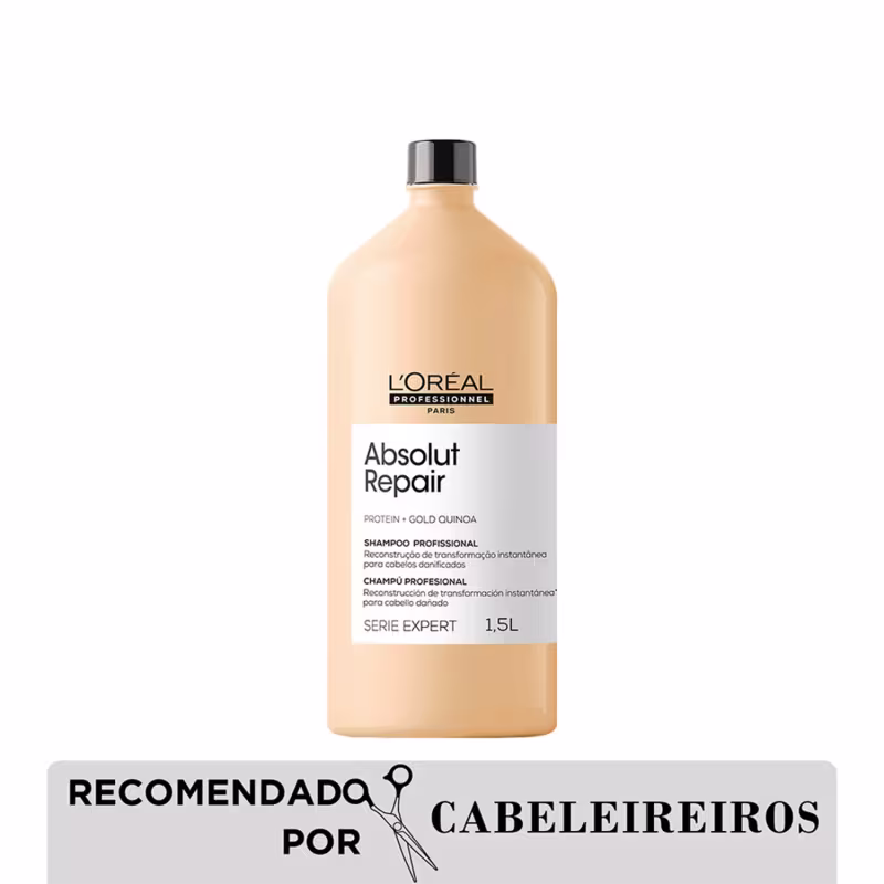 Produto de cuidado capilar da linha L'Oréal Professionnel Serie Expert. Frasco plástico opaco na cor bege, com tampa preta.