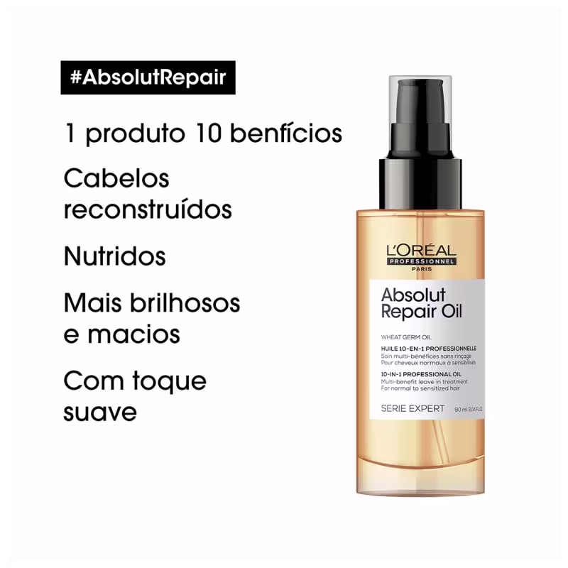 Produto de tratamento capilar da linha Serie Expert da L'Oréal Professionnel. Frasco plástico transparente com tampa preta fosca contendo um líquido amarelo claro.