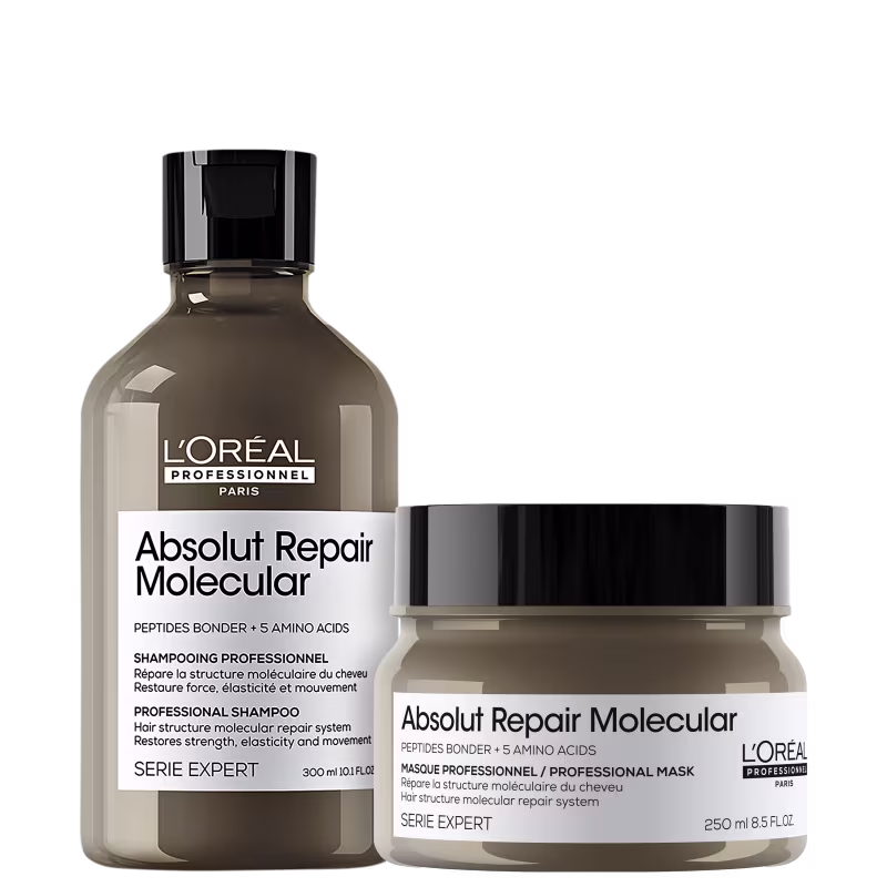 A imagem mostra dois produtos da linha L'Oréal Professionnel Série Expert Absolut Repair Molecular: um shampoo em um frasco marrom com tampa preta, contendo 300ml e uma máscara capilar em um pote plástico marrom com tampa preta, contendo 250ml.