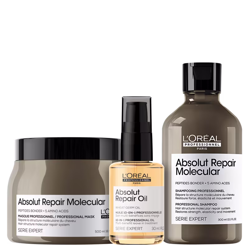 A imagem mostra três produtos da L'Oréal Professionnel. O primeiro é a máscara Absolut Repiar Molecular de 500ml, com embalagem marrom. O segundo é o óleo Absolut Repair Oil 30ml. O terceiro é Shampoo Absolut Repair Molecular 300ml, com frasco marrom.