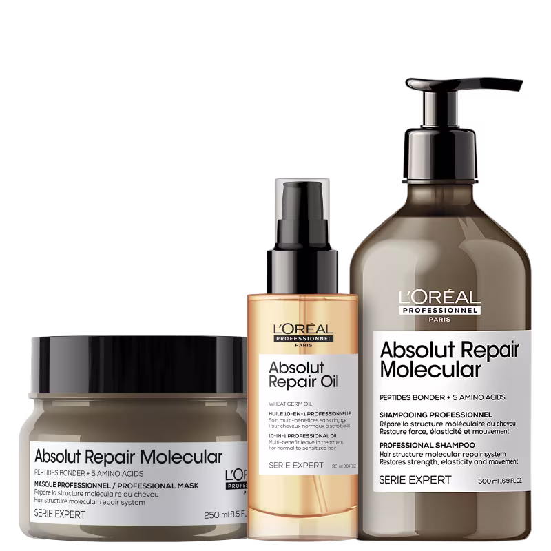 A imagem mostra três produtos da L'Oréal Professionnel. O primeiro é a máscara Absolut Repiar Molecular, com embalagem marrom. O segundo é o óleo Absolut Repair Oil, dourado. O terceiro é Shampoo Absolut Repair Molecular, com frasco marrom.