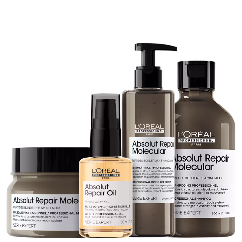 A imagem mostra produtos da marca L'Oréal Professionnel. Há 4 itens: um frasco de shampoo marrom de 300ml, um frasco de leave-in marrom de 250ml, um frasco de máscara capilar de 250ml com tampa preta, um frasco de óleo capilar dourado de 30ml.