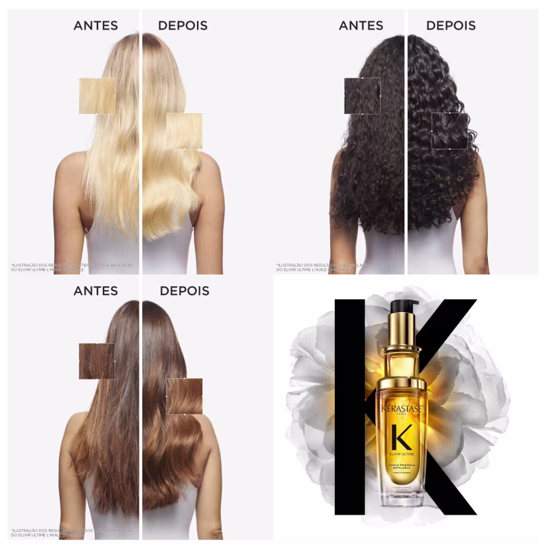 Produto de tratamento capilar Kérastase Elixir Ultime. Frasco transparente com líquido dourado, tampa preta e detalhes dourados. Embalagem cilíndrica com rótulo branco e letras pretas "Kérastase Paris" e "Elixir Ultime L'Huile Originale Refillable".