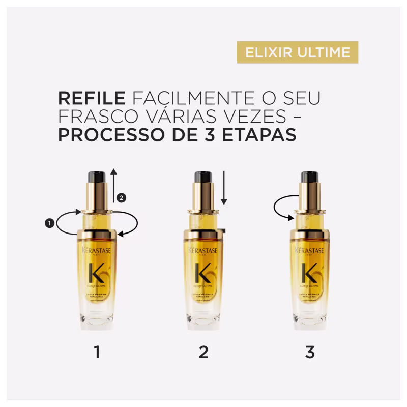Produto de tratamento capilar Kérastase Elixir Ultime. Frasco transparente com líquido dourado, tampa preta e detalhes dourados. Embalagem cilíndrica com rótulo branco e letras pretas "Kérastase Paris" e "Elixir Ultime L'Huile Originale Refillable".