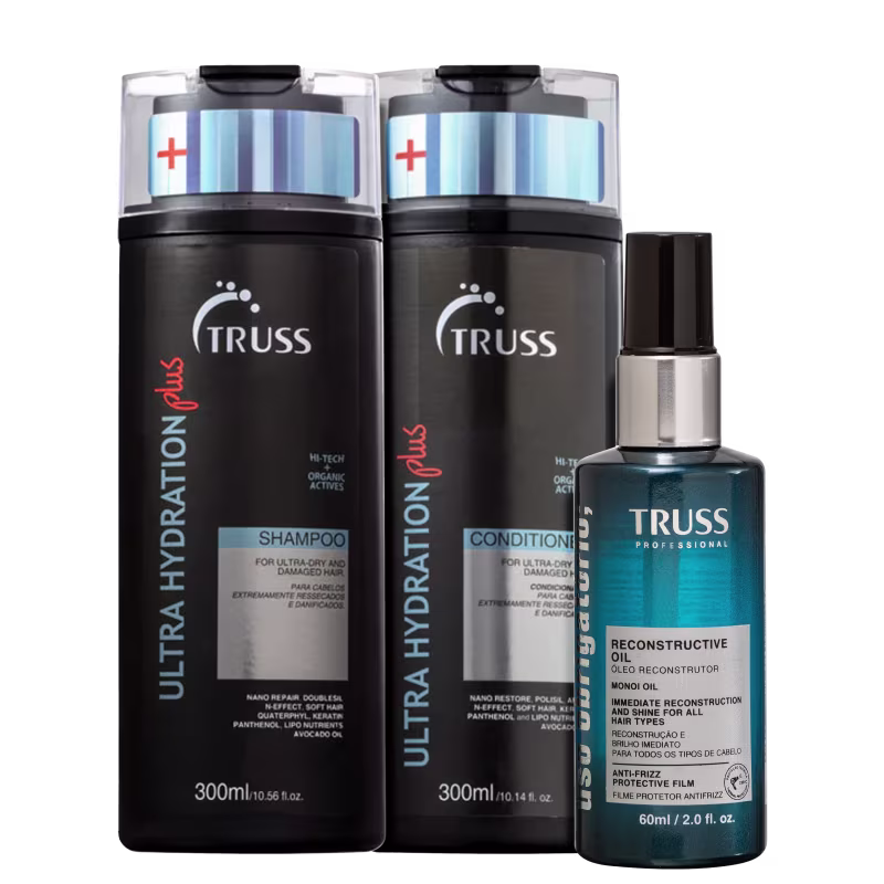 Conjunto de produtos para cabelos ultra-secos e danificados da marca TRUSS. Dois frascos plásticos pretos de 300ml contendo shampoo e condicionador. Um frasco menor de 60ml com óleo reconstrutivo de cor azul petróleo.